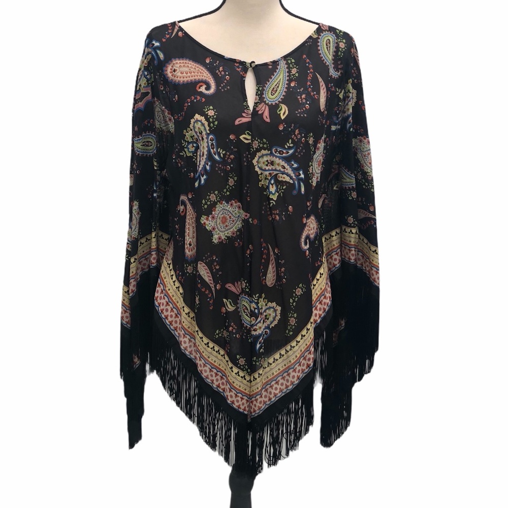 DANA BUCHMAN BLACK FRINGED MULTICOLOR PAISLEY PONCHO TOP